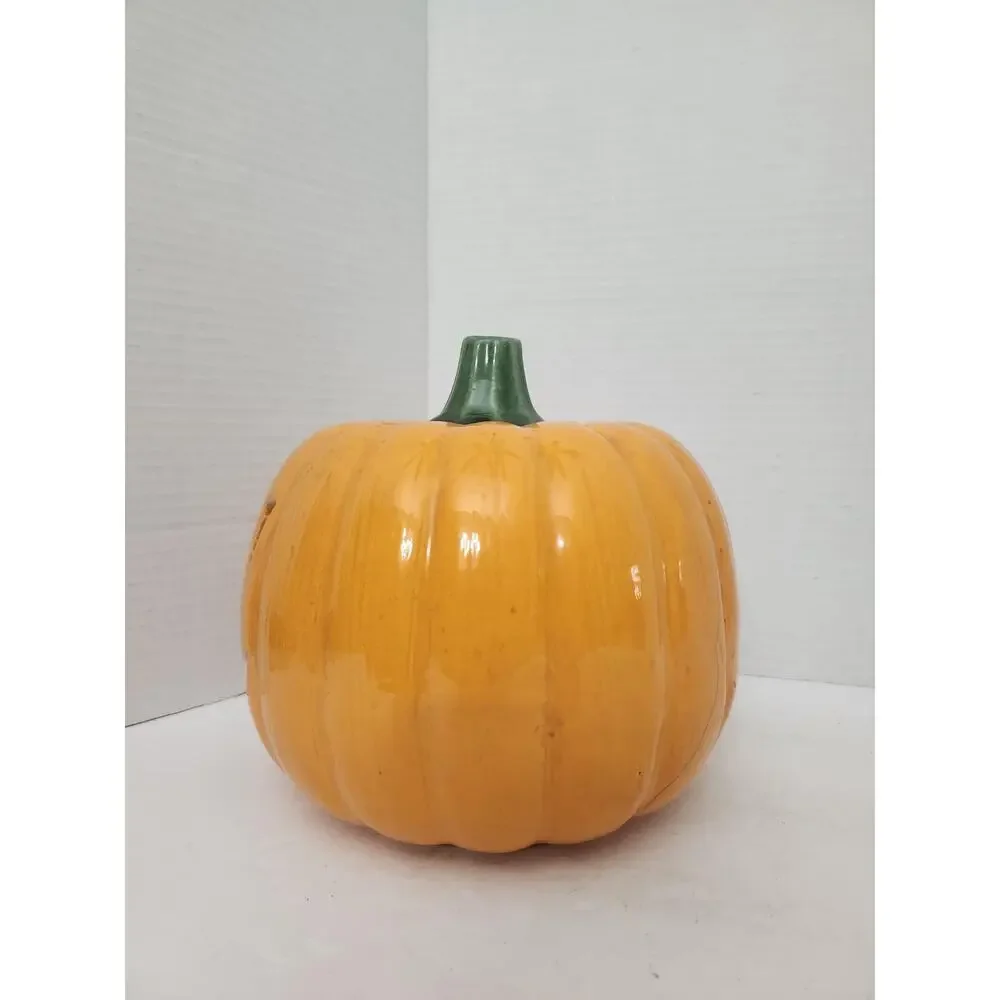 Halloween Ceramic Jack O Lantern Pumpkin Candle Cover Glazed Orange